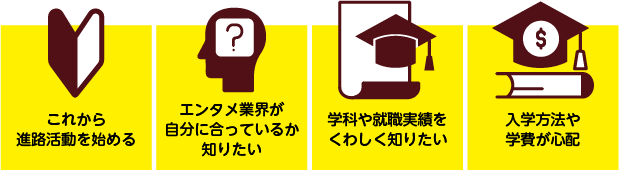 (1)これから進路活動を始める方(2)エンタメ業界が自分に合っているのか知りたい方(3)学科や就職実績を詳しく知りたい方(4)入学方法や学費が心配な方