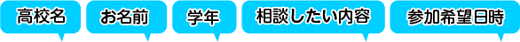 「高校名」「お名前」「学年」「相談したい内容」「参加希望日時」の5つを必ず送ってね！